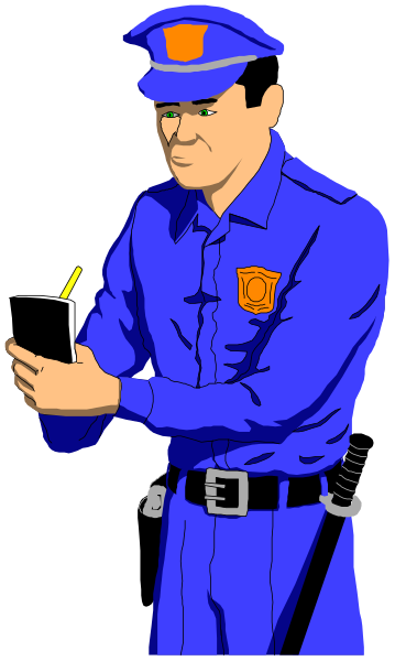 The image shows a cartoon of an officer holding up his phone to take a picture while standing on duty next to a police car with its lights off in front of him.