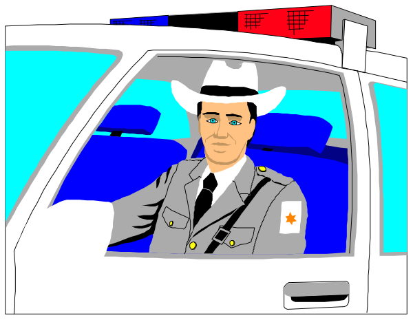 The image shows a cartoon of an officer driving inside a police car with his window down; he is wearing a uniform hat but no other visible details about him can be discerned from this angle.