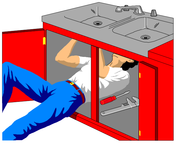 The illustration depicts a man working on fixing an undercounter dishwasher inside of his kitchen cabinetry while standing in front of it with tools at hand; he is wearing blue jeans and has short hair, surrounded by red cabinets that have been partially removed to reveal plumbing fixtures.