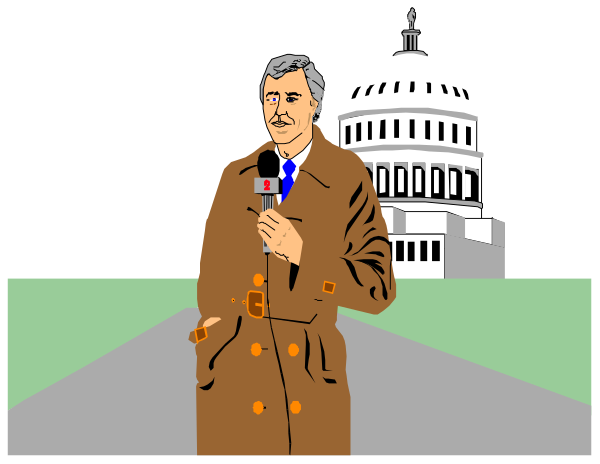 The image shows a man standing on a street at night with an iconic capitol building behind him; he is holding a microphone in his hand while wearing a suit coat over a shirt without visible ties.