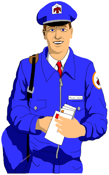 The illustration shows a man dressed as an American mail carrier holding papers while standing on what appears to be his postal vehicle; he is smiling at something off-frame with one hand in pocket and wearing glasses, blue uniform shirt, red tie, white pants, black shoes, cap badge, gloves.