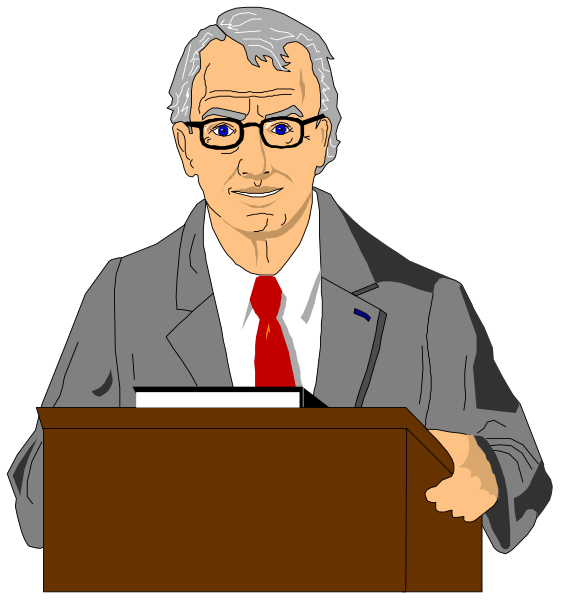 The cartoon shows a man standing at a podium with his hands clasped together as if he's speaking to an audience; behind him is another figure who appears to be listening attentively while seated in front of what looks like a bookcase, suggesting this might take place on stage or during some formal event.