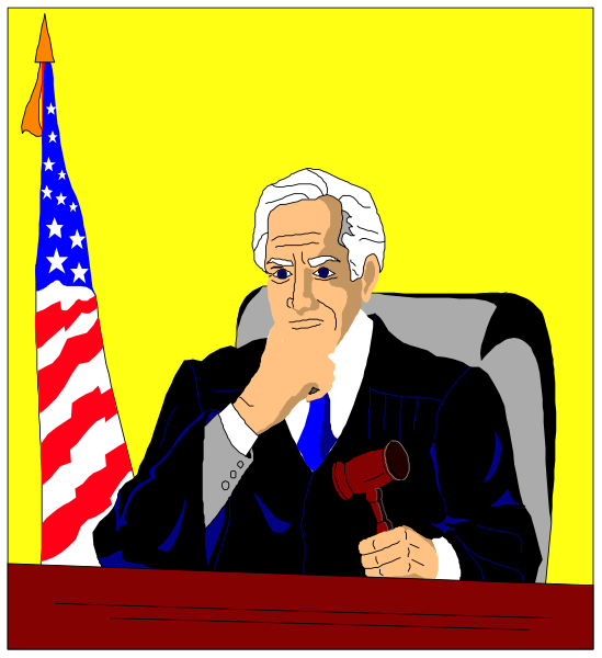 The cartoon depicts a man sitting at his desk with an American flag behind him; he is holding up two fingers in front of his face as if to make a point during court proceedings.