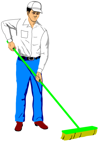 The illustration shows a man wearing blue jeans holding a green mop with both hands while standing on what appears to be an outdoor surface at nighttime.