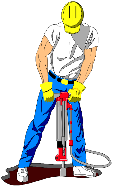 The illustration depicts a man wearing blue jeans and holding an electric drill while standing on what appears to be bloodstains; he is also looking down at his hands with concern.