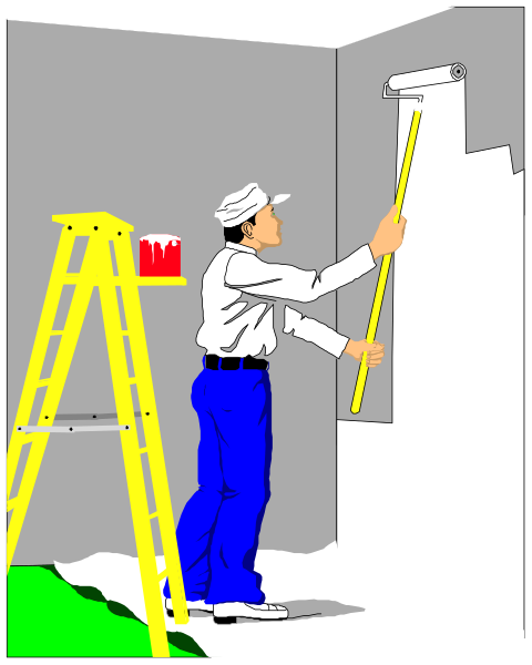 The illustration depicts a man using measuring tape to measure an area on a wall while standing next to a ladder with tools hanging from it in what appears to be a room under construction or renovation.