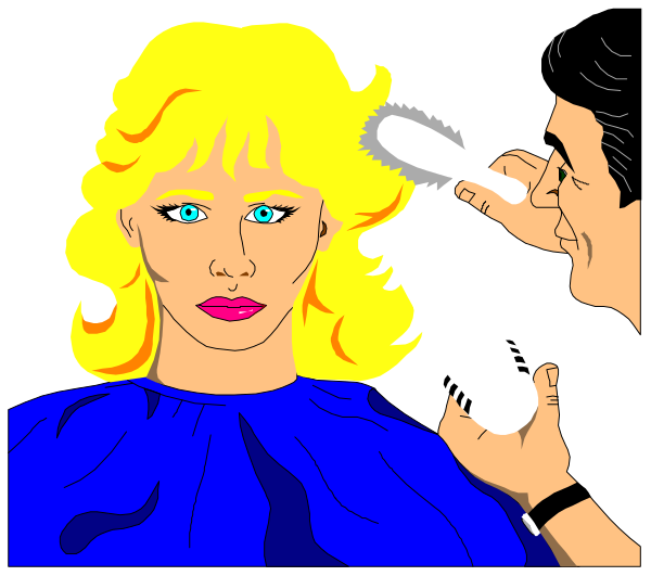 The image shows a stylized illustration of two characters: on the left is an older man with blonde hair wearing glasses; he's holding up his hand to touch someone else's head who appears to be getting their hair done, and there seems to be some sort of device or tool in use. On the right side of the image, a younger woman looks at her reflection in what could possibly be a mirror with an exaggeratedly large frame around it; she has blonde hair as well but is not interacting directly with anyone else. The background suggests they are indo