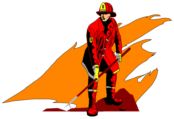 The image shows a firefighter standing next to an orange flame with black silhouettes of flames around him; he is wearing red gear typical for firefighting attire including boots, pants, helmet and carrying equipment like hoses and axes on his back while holding one in hand.