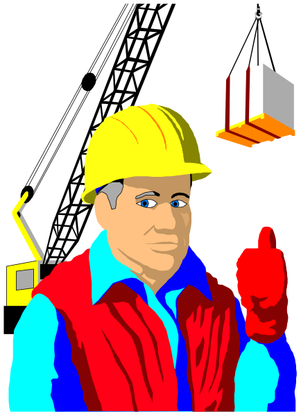The image shows a pixelated representation of an older man with gray hair wearing glasses standing next to what appears to be a construction worker in red overalls holding up his thumb as if giving approval or thumbs-up, and there is also a small yellow crane behind them on top right corner.