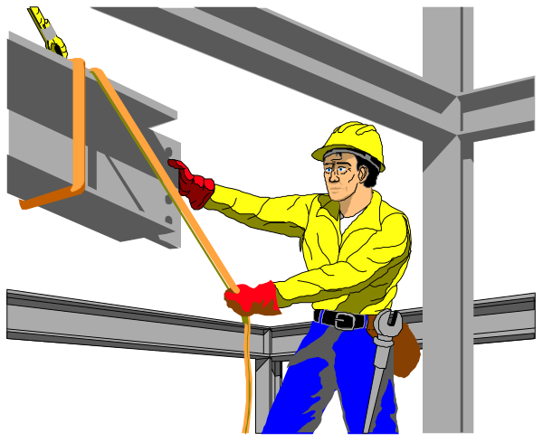 The image shows a man working on scaffolding with tools; he's wearing blue jeans, boots, gloves, and is holding an object that looks like it could be used for construction work in his right hand while standing next to metal framing structures inside what appears to be a warehouse or factory setting.