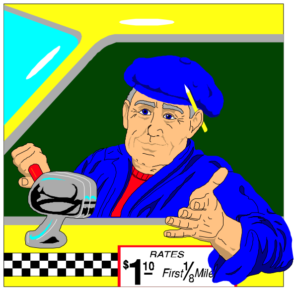The image shows a cartoon of an older man with gray hair wearing glasses sitting behind a taxi driver's wheel inside what appears to be a yellow cab. He is gesturing towards something outside his window while holding onto it, and there seems to be some text on the windshield that says "RATES" along with other illegible words or numbers. The man has one hand raised as if he's pointing at an unseen object or person in front of him.