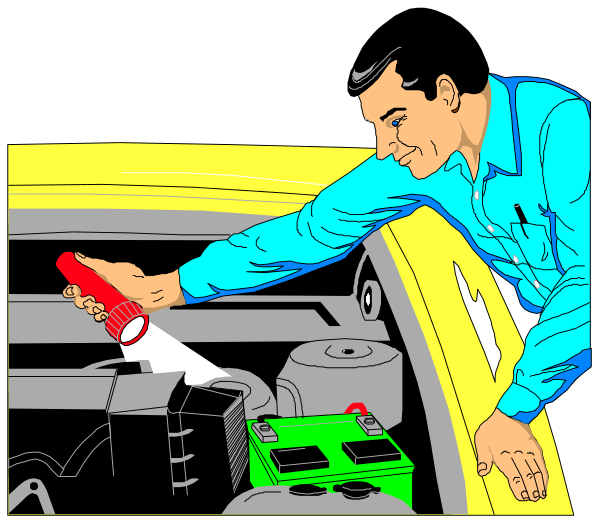 The illustration shows a man working on an engine of a car with various tools around him; he is holding up his hand to inspect something in front of him while standing next to open hoods.