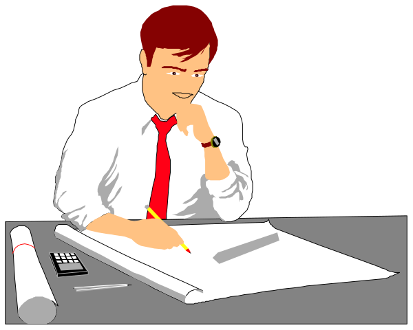 The cartoon shows a man sitting at his desk with papers spread out before him; he is wearing glasses and appears to be deep in thought while looking downward towards them.