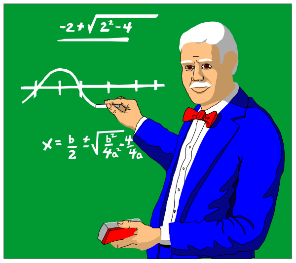 The cartoon shows a man standing behind a chalkboard with mathematical equations on it; he is wearing glasses and has his hand raised as if teaching something to an audience that isn't visible in this image.
