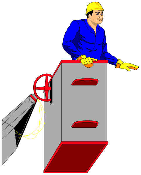 The illustration shows a man standing on top of an industrial machine with various buttons and levers around him; he is wearing gloves and appears to be operating it while looking down at something below his feet.