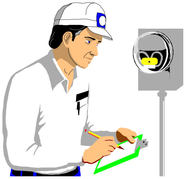 The illustration depicts a man standing at an electronic device with papers on it while holding a pen; he is wearing white gloves and appears to be inspecting something closely.