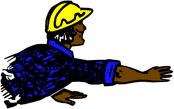 The black and white cartoon shows a man pointing to his left with both hands while standing on what appears to be an escalator in front of him; he is wearing plaid clothing and has short hair.