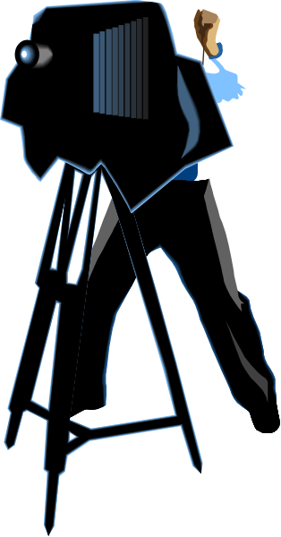 The image shows a cartoon of an animated character standing behind a camera tripod with a blue background on either side.