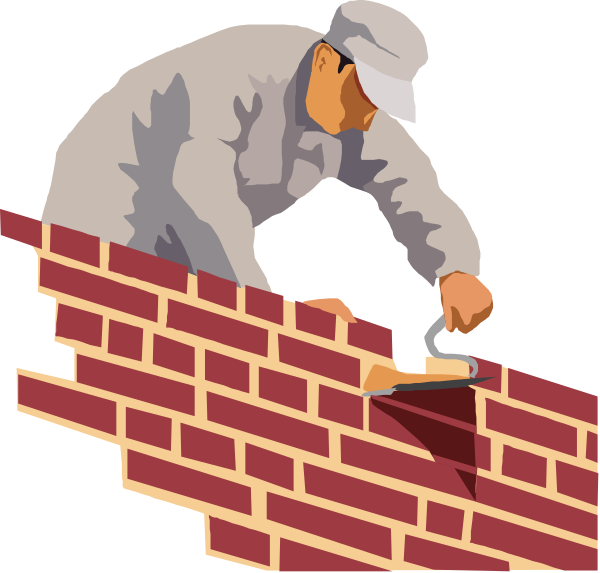 The illustration shows a bricklayer working on constructing a wall with bricks; there is no text present within this image.
