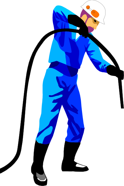 The image shows a black and white illustration of an animated golfer swinging at a ball with his club while wearing blue coveralls.