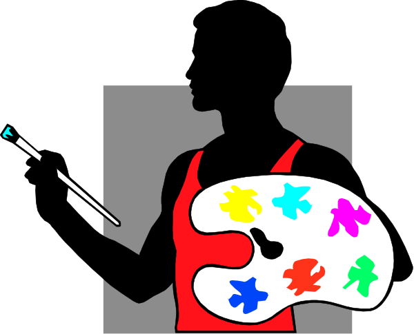 The image shows a black silhouette of an artist holding paintbrushes with colorful splatters on them against a white background; there is no text present in this clip-art illustration.