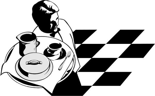 The black and white illustration shows a man sitting at a table with two cups of coffee on it; he is wearing glasses and appears to be in deep thought while looking downward towards his hands which rest together, clasped around an unseen object that could possibly be food or drink.