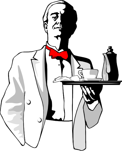 The image shows a man dressed as an old waiter holding a tray with two cups on it; he is wearing a red bow tie and has his hands clasped together in front of him while standing against a dark background, which gives off a vintage vibe due to its monochromatic color scheme.