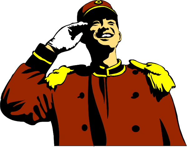 The image shows a black and white illustration of two men standing side by side with their arms raised above them as if in celebration or salute. They appear to be dressed formally; one is wearing an elaborate red coat, while the other has on what seems like military attire including medals around his neck. Both are smiling broadly at something off-frame and seem joyful about it. The background of the image features a dark backdrop with no distinct details that can provide additional context or setting for this scene.