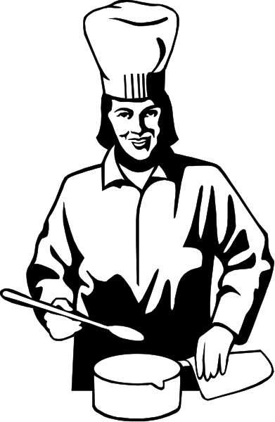 The black and white illustration shows a chef with an apron holding a pot on his head while cooking atop what appears to be a stove in front of him.