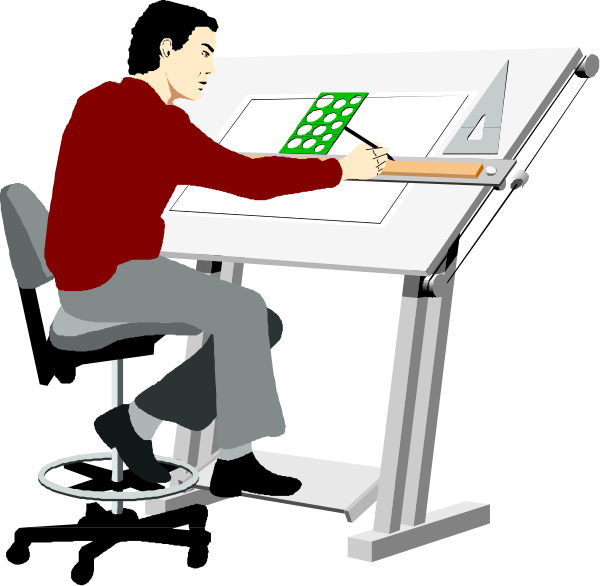 The illustration shows a person sitting at an adjustable desk with drawing tools on it; there is no text present within this image.