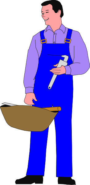 The image shows a cartoon of an adult male wearing overalls with suspenders, holding tools while standing next to what appears to be a wheelbarrow filled with dirt; he is smiling at something off-frame and looking down towards it.