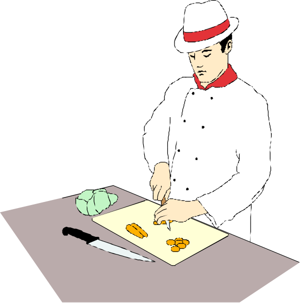 The image shows a chef preparing food on a cutting board with various ingredients around him; he is wearing an apron and hat while standing at his workstation in what appears to be a kitchen environment.