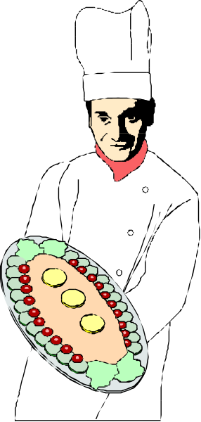 The image shows a cartoon of an adult male chef holding up a tray with food on it while standing behind what appears to be a counter in his restaurant kitchen area.
