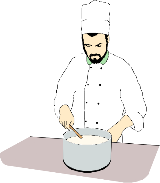 The illustration shows a chef preparing food at an oven with various ingredients around him on his workstation.