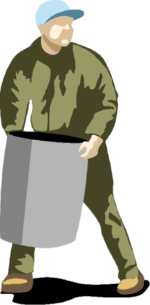 The image shows a man walking with his back to us while carrying an object that resembles a trash can on wheels in front of him; he is wearing casual clothing including boots, jeans, and what appears to be a jacket without sleeves over them.