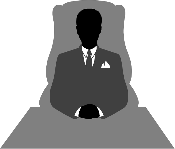 The image shows a black silhouette of two men sitting on chairs with their backs to each other; both have ties around their necks and appear formal in attire.