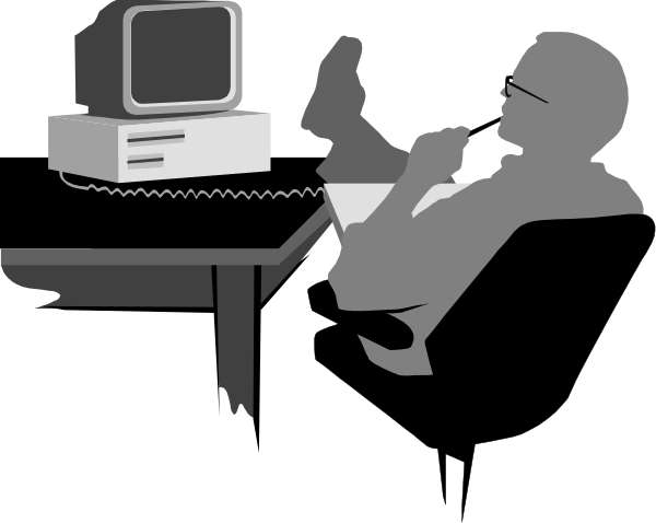 The black and white illustration depicts a man sitting at his desk with an old computer monitor on it to his right side of image. He is holding up one leg while resting another foot on top of the keyboard, which appears to be in use.