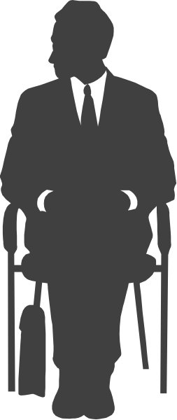 The black silhouette of a man standing next to an empty chair against a gray background with no other discernible details visible in this small clip-art image.
