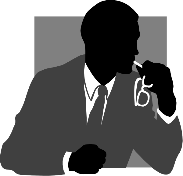 The black and white silhouette of a man smoking while sitting at his desk with papers on it behind him.