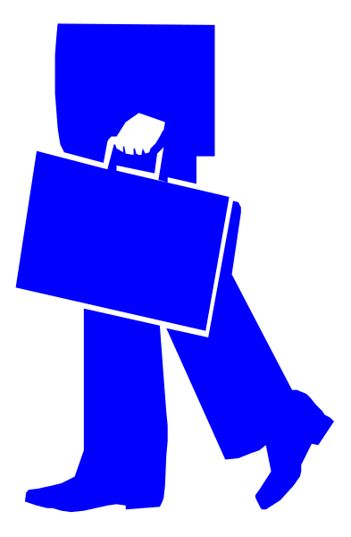 The image shows a blue silhouette of an adult male figure walking with what appears to be two bags on either side; he is depicted in profile view against a black background that has white stripes running horizontally across it, creating a sense of motion or directionality.