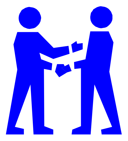 The image shows two blue silhouettes of a man shaking hands with another person while exchanging money between them; both figures appear to be standing in front of each other against an indistinct background that does not provide any additional context about their location, activity or setting.
