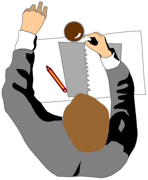 The illustration shows a person sitting at an office desk with papers on it; there is also a pair of scissors in front of them.