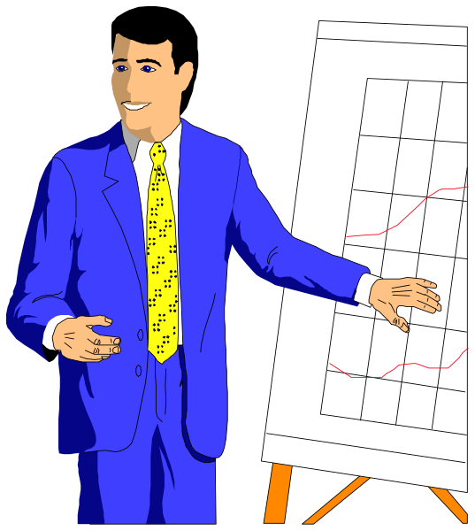 The illustration shows a man standing next to an easel with graphs on it; he is gesturing towards them while wearing a suit and tie.