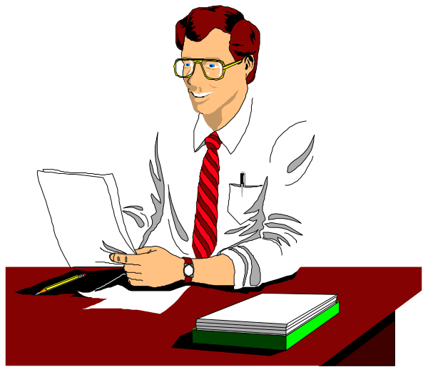 The image shows a man sitting at his desk with papers on it; he is wearing glasses and has red hair. He appears to be working in an office environment as suggested by the presence of books and other work-related items around him, such as binders or folders that are placed nearby.