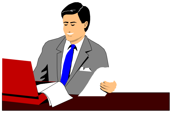 The image shows a cartoon of two men sitting at desks with papers on them; both have ties around their necks and appear to be working in an office environment.