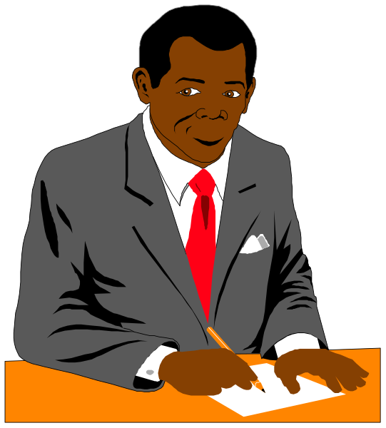The illustration shows a man sitting at a desk with his hands on top of papers; he is wearing a suit jacket over an open shirt collar, has short hair, and appears to be writing in ink penmanship while looking downward towards some notes beside him.