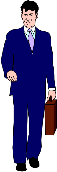 The image shows a man standing next to an open briefcase with his hand on it against a plain background.