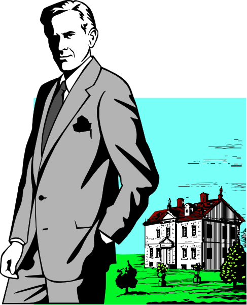 The image shows a black and white illustration of an older man standing next to a house with trees around it; he is wearing a suit jacket over his shoulder while looking off into space.