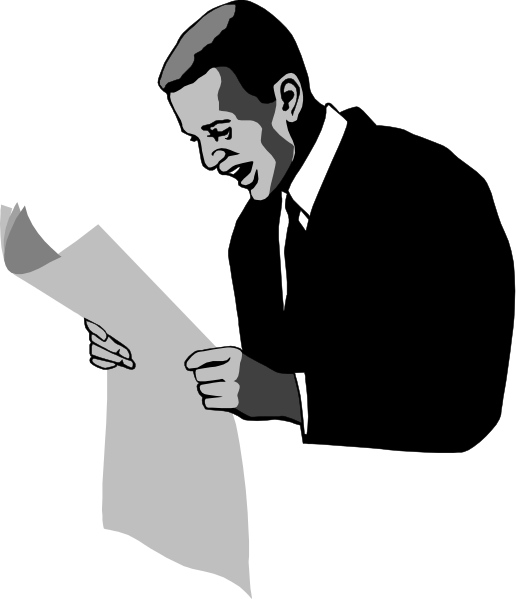 The black and white illustration shows a man dressed as James Bond reading an open newspaper with his head tilted to the side while standing in front of it.