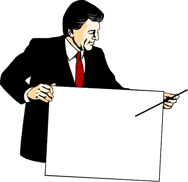 The cartoon shows a man holding up an empty sign with his left hand while standing on what appears to be a stage; he is wearing a suit jacket over a red shirt and has short hair.